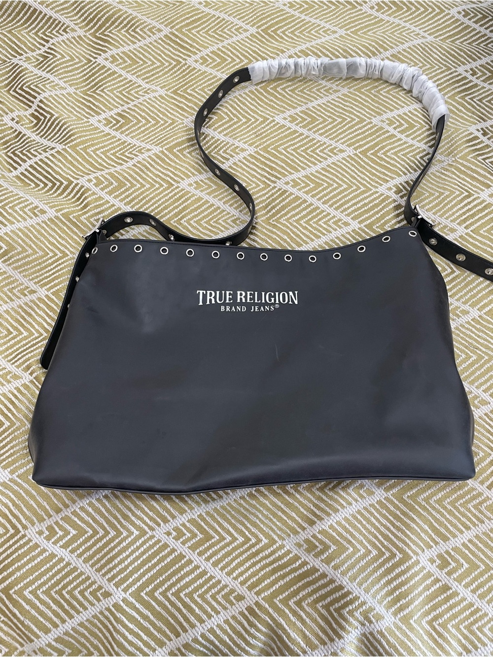 True Religion Black Shoulder Bag with Silver Grommet Trim